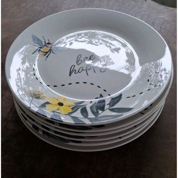 6 Royal Norfolk Bee Happy Luncheon Salad Dessert Plates 7.5" Yellow Floral Bees - Picture 3 of 4